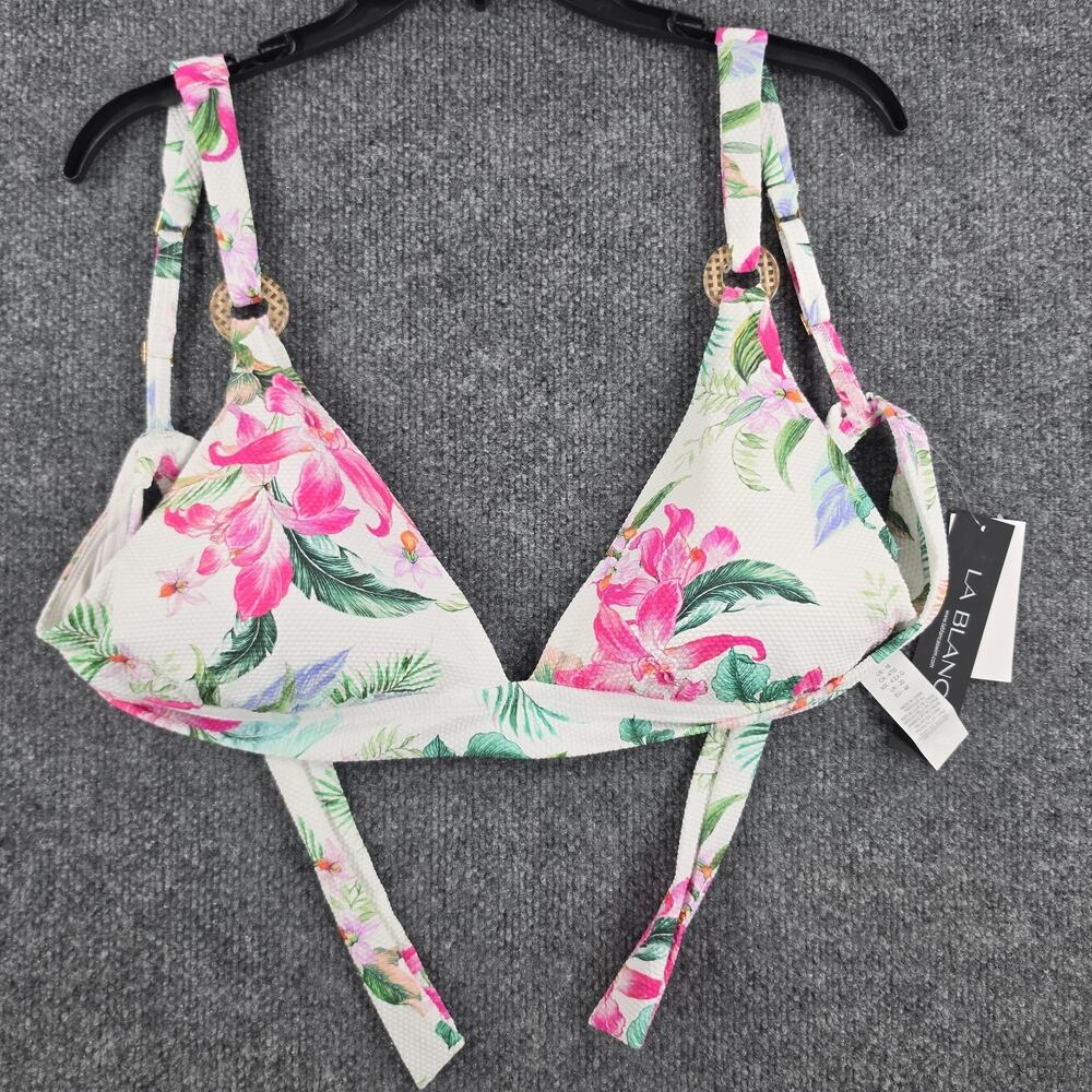 La Blanca Women's Bikini Top Size 16 White Pink Floral Triangle Tie Back Swimwea